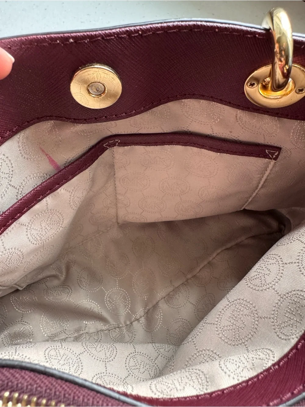 Michael Kors Wine Saffiano Leather Satchel with Gold Hardware